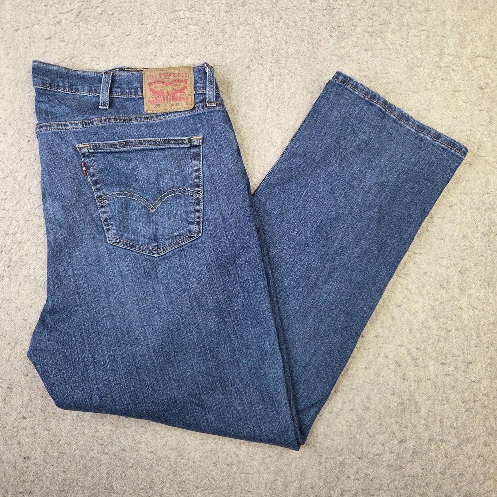 Levis 559 Jeans Mens 42x30 Blue Denim Relaxed Straight Fit Baggy Whiskered
